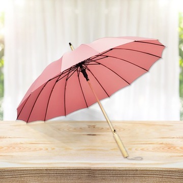 Parasol przeciwdeszczowy automat prosty damski pudrowy róż drewniana rączka