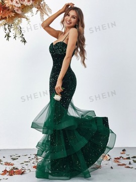 SHEIN SUKIENKA MAXI ZIELONA W CEKINY Z FALBANĄ ODKRYTE PLECY S 123