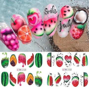 NAKLEJKI WODNE do zdobień na paznokcie arkusz 12 wzorów owoce neonowe lato