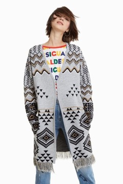 DESIGUAL SZARY KARDIGAN FRĘDZLE WZÓR (M)