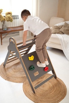 Drabinka Pikler ŚCIANKA WSPINACZKOWA + DUŻA zjeżdżalnia CHMURKI - szara