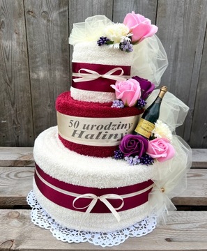 Prezent na Rocznicę Ślubu Tort z 4 Grubych Ręczników Kwiaty Róże Mydlane