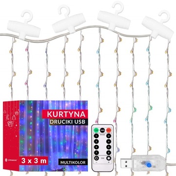 LAMPKI KURTYNA ŚWIETLNA MULTIKOLOR SOPLE ŚWIATŁO GIRLANDA USB 300LED +PILOT