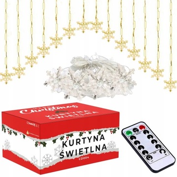 KURTYNA ŚWIETLNA LAMPKI LED NA OKNO WISZĄCE ŚNIEŻYNKI B. CIEPŁA PILOT 2,5M