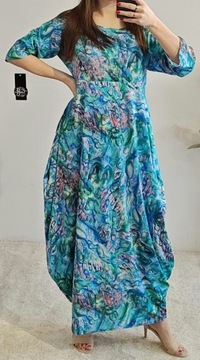 Sukienka maxi Taffi M akwarela turkusy z lila-róż