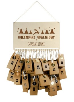 KALENDARZ ADWENTOWY Drewniany + 24 Domki Zestaw