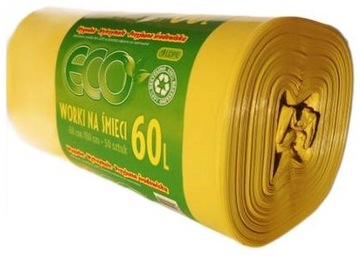 WORKI NA ŚMIECI ECO 60L 50SZT BARDZO WYTRZYMALE! KOLOR ŻÓŁTY