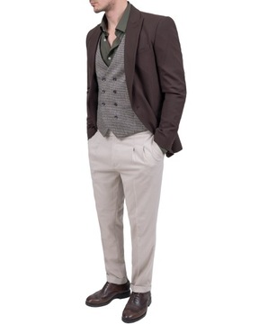 Kamizelka męska dwurzędowa pepitka elegancka casual brazowa - 58