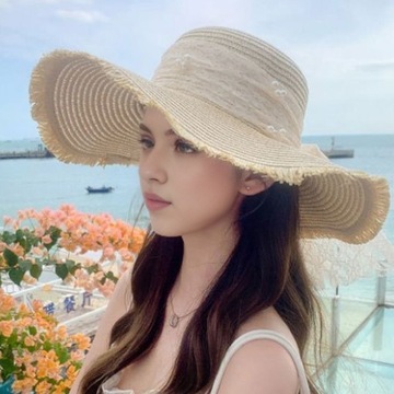 Женская соломенная шляпа с кружевным бантом и искусственным жемчугом, пляжная шляпа от солнца, широкая