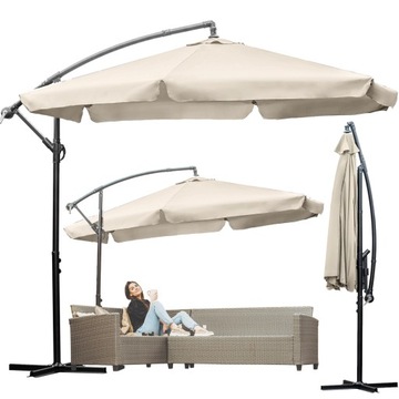 PARASOL ogrodowy DUŻY SKŁADANY SOLIDNY z WYSIĘGNIKIEM i FALBANĄ Beż 350cm
