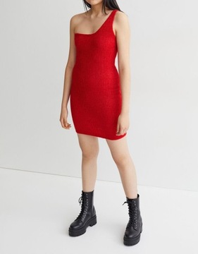 H&M Sukienka na jedno ramię dzianinowa prążki jesienna czerwona damska 40 L