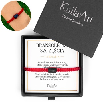 BRANSOLETKA CZERWONA NA SZNURKU KAMIEŃ CZARNY TURMALIN NATURALNY PREZENT