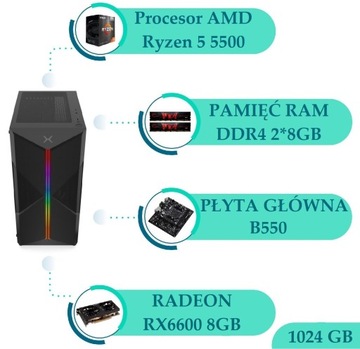 Komputer gamingowy Ryzen 5 5500 RX6600 1TB RGB PC
