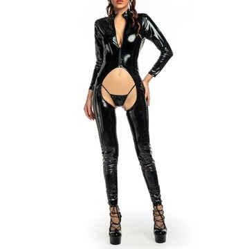 Women's Sex Latex Suit Crotchless Jumpsuit Wet Loo