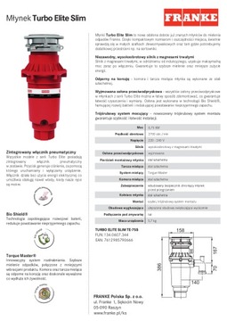 MŁYNEK DO ODPADÓW FRANKE ELITE TE-75S SLIM +CZARNY PRZYCISK +SYFONY+ GRATIS