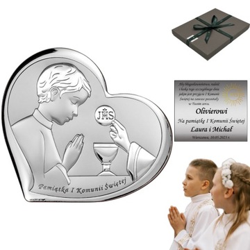 PAMIĄTKA KOMUNII ŚWIĘTEJ Srebrny Obrazek na Komunię dla chłopca z grawerem