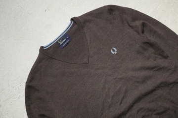 Fred Perry merino sweter brązowy v-neck wełniany męski M