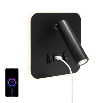 Kwadratowa Lampa Ścienna z 2 Przełącznikami - Podświetlenie i Ładowanie USB
