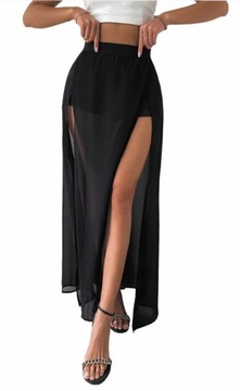 DŁUGA SPÓDNICA Z SZORTAMI ZWIEWNA SZYFON CZARNA