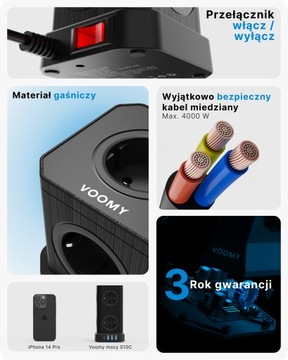Voomy Stack Power Cube 10 — розетка длиной 2 м, 3 USB-A и 1 USB-C, 20 Вт, черный
