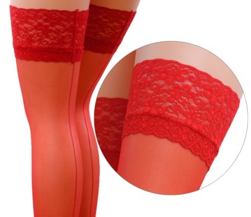 Seksowne POŃCZOCHY SAMONOŚNE z koronką szewkiem-pasek z tyłu r.3/4 L/XL red