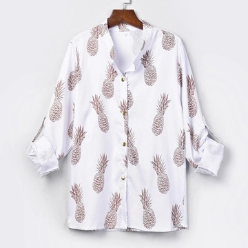 Elegancka damska biała bluzka ze stójką w ananasy rękaw 3/4 ozdobne guziki