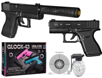 METALOWY PISTOLET SPRĘŻYNOWY NA KULKI Z TŁUMIKIEM GLOCK 43 TŁUMIK 6 MM ASG