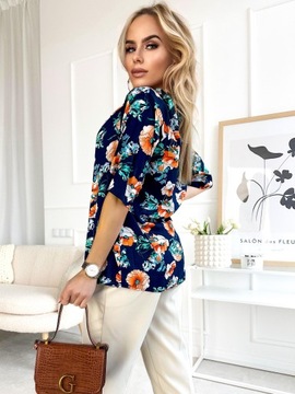 ELEGANCKA BLUZKA DAMSKA dekolt V guziczki print kwiaty PLUS SIZE