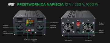 Przetwornica napięcia Newell z czystą sinusoidą - 12 V / 230 V, 1000 W
