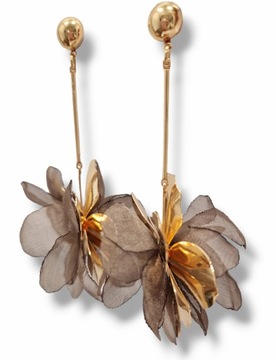 Kolczyki kwiaty jedwabne długie wiszace eleganckie taupe złote