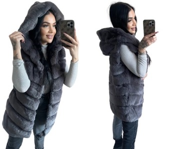 KAMIZELKA FUTRZANA Z KAPTUREM CIEMNO SZARA KAPTUR 3XL/4XL