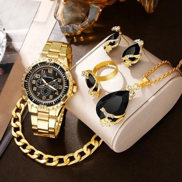Złoty luksus zegarek damski pierścionek naszyjnik kolczyk z kryształkami m