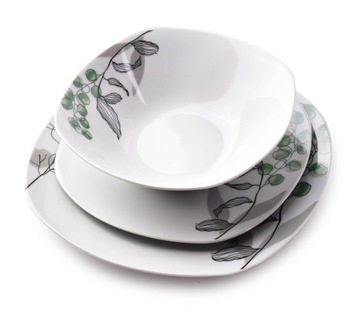 Elegancki komplet obiadowy Lea Green zestaw serwis WADA biała porcelana
