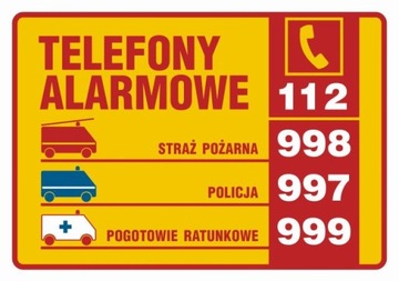 Znak tabliczka telefonów alarmowych 14,8x21 cm PCV