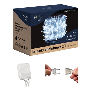 LAMPKI CHOINKOWE ZEWNĘTRZNE/WEWNĘTRZNE 188LED 20m ZIMNY BIAŁY WYTRZYMAŁE
