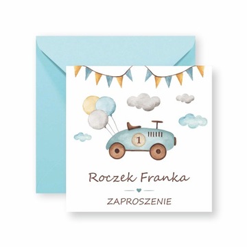 ZAPROSZENIA NA ROCZEK + IMIĘ + KOPERTA NIEBIESKA AUTO