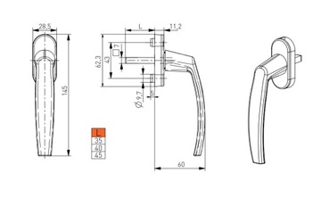 KLAMKA ALUMINIOWA OKIENNA Trzpień 40mm ANTRACYT