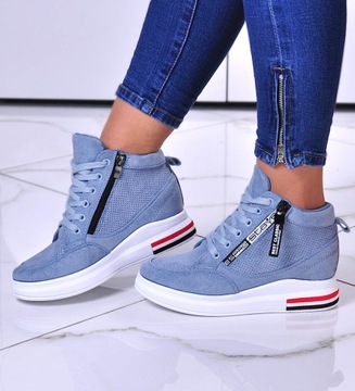 NIEBIESKIE DAMSKIE TRAMPKI SNEAKERSY BUTY NA NISKIM KOTURNIE 10783 39