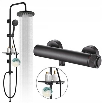 Deszczownica 25 z PÓŁKĄ +bateria prysznicowa czarna CUBIC - system CLICK ON