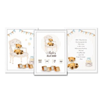 PLAKATY DLA DZIECKA METRYCZKA W RAMIE A4 MIŚ 3szt