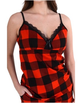 Piżama damska koszulka na ramiączkach i szorty czerwono-czarna w kratę L