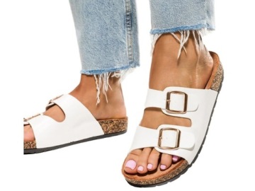 BIAŁE KLAPKI DAMSKIE NA PROFILOWANEJ KORKOWEJ PODESZWIE PŁASKIE r 38