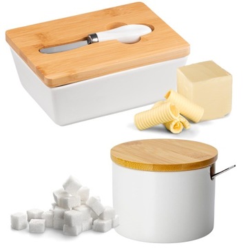 ZESTAW MASELNICA + CUKIERNICA BIAŁA CERAMICZNA BAMBUSOWA KOMPLET KUCHENNY