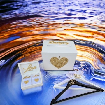 свадебный набор, коробка для конвертов, обручальные кольца, вешалки.