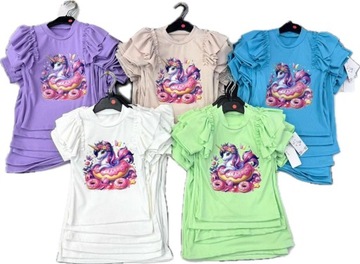 T-SHIRT KOSZULKA DZIEWCZĘCA W PRĄŻEK JEDNOROŻEC BIAŁA 152-158