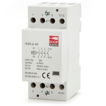 STYCZNIK MODUŁOWY 25-40 230V 25A 2P 4Z 3-FAZOWY ZWIERNY NA SZYNĘ DIN TH35