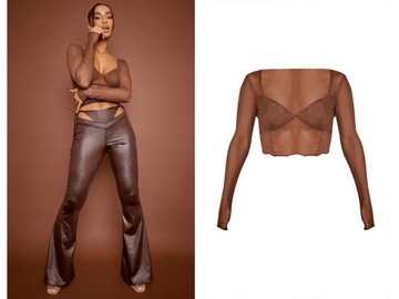 O002E19 PrettyLittleThing CROP TOP BRĄZ SIATKA 40