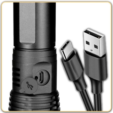 МОЩНЫЙ СВЕТОДИОДНЫЙ ТАКТИЧЕСКИЙ ФОНАРЬ XHP90 ZOOM С ВОЕННОЙ БАТАРЕЕЙ КАБЕЛЬ USB-C