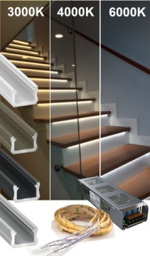 ZESTAW OŚWIETLENIE SCHODOWE NA WYMIAR 16x1m PROFIL KOLORY + COB I ZASILACZ