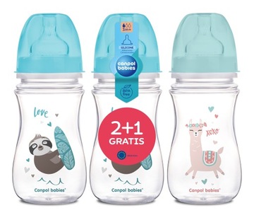 Canpol babies Zestaw butelek antykolkowych 240ml Exotic Animals 2+1 gratis